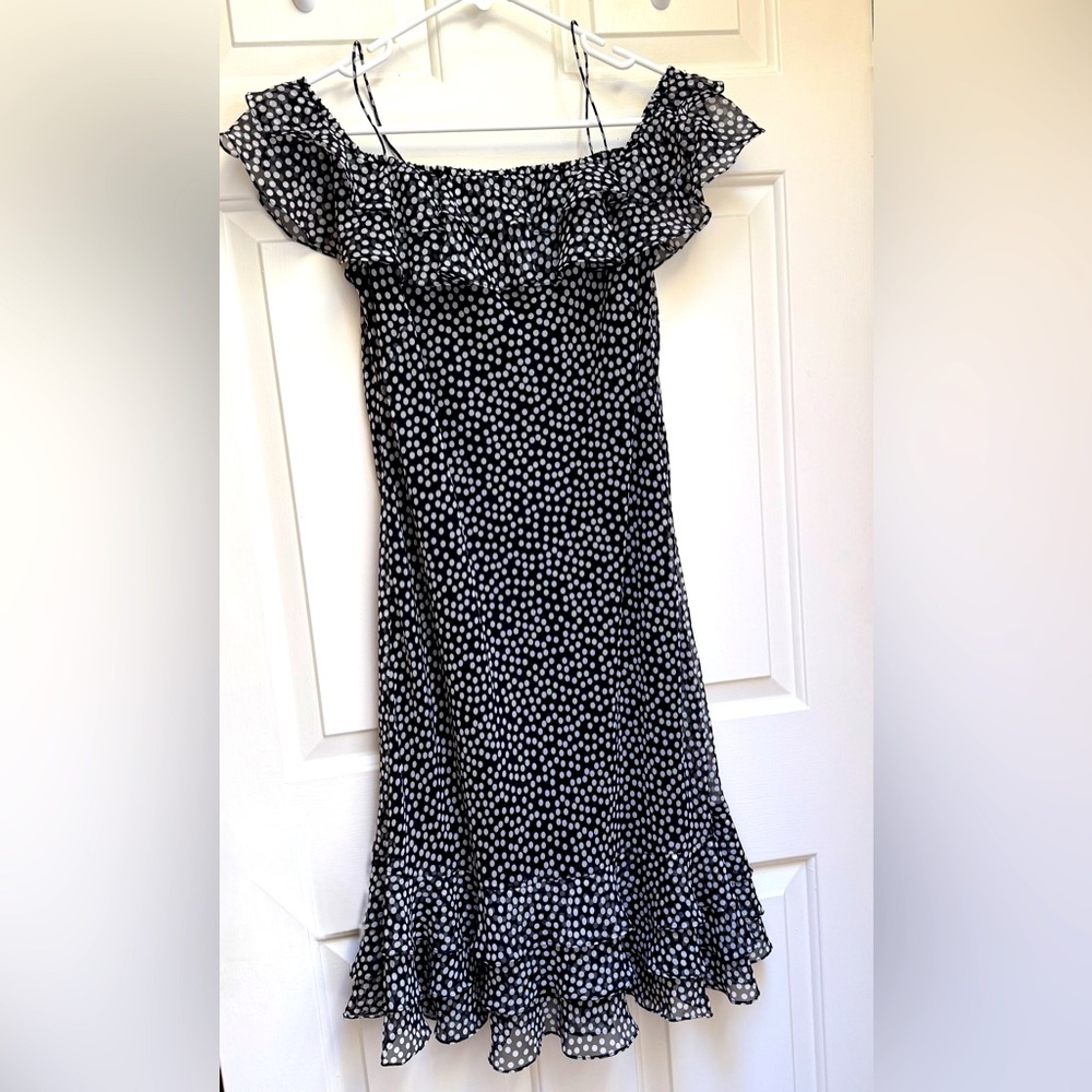 AMERICAN LIVING Ruffle Polka Dot Off Shoulder White Black Dress womens size 10